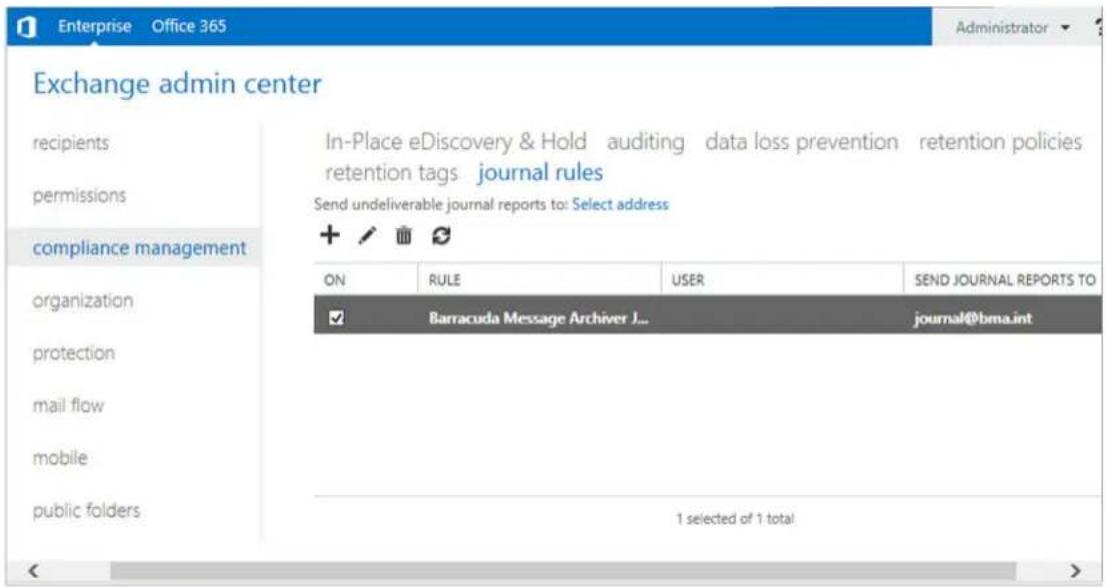 Enterprise Office 365 Exchange admin center recipients permissions compliance management organization protection mail flow mobile public folders In-Place eDiscovery & Hold auditing data loss prevention retention policies retention tags journal rules Send undeliverable journal reports to: Select address ON RULE USER SEND JOURNAL REPORTS TO Barracuda Message Archiver J... journal@bma.int 1 selected of 1 total