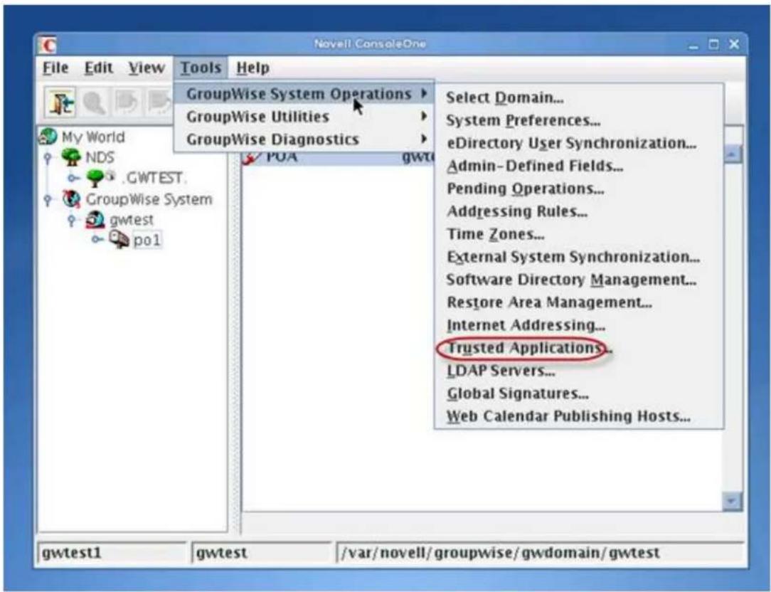 Novell ConsoleOne File Edit View Tools Help GroupWise System Operations GroupWise Utilities GroupWise Diagnostics POA gwtest Select Domain... System Preferences... eDirectory User Synchronization... Admin-Defined Fields... Pending Operations... Addressing Rules... Time Zones... External System Synchronization... Software Directory Management... Restore Area Management... Internet Addressing... Trusted Applications... LDAP Servers... Global Signatures... Web Calendar Publishing Hosts... gwtest1 gwtest /var/novell/groupwise/gwdomain/gwtest