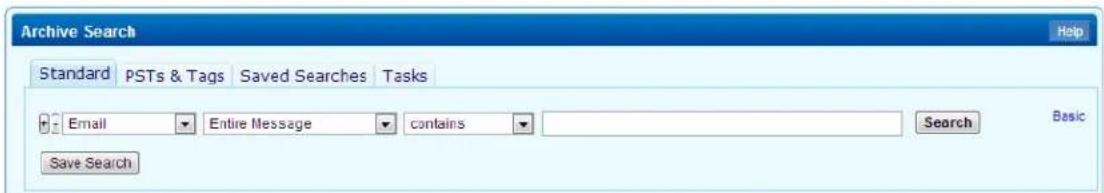 Archive Search Standard PSTs & Tags Saved Searches Tasks Email Entire Message contains Search Basic Save Search