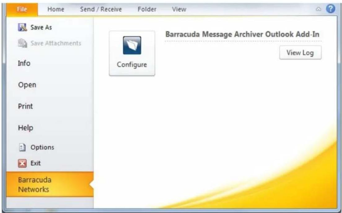 File Home Send / Receive Folder View Save As Save Attachments Info Open Print Help Options Exit Barracuda Networks Configure Barracuda Message Archiver Outlook Add-In View Log