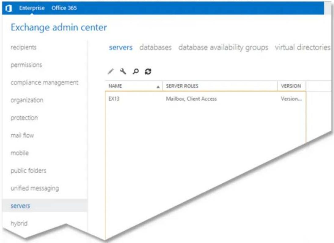 Enterprise Office 365 Exchange admin center recipients permissions compliance management organization protection mail flow mobile public folders unified messaging servers hybrid servers databases database availability groups virtual directories NAME SERVER ROLES VERSION EX13 Mailbox, Client Access Version...