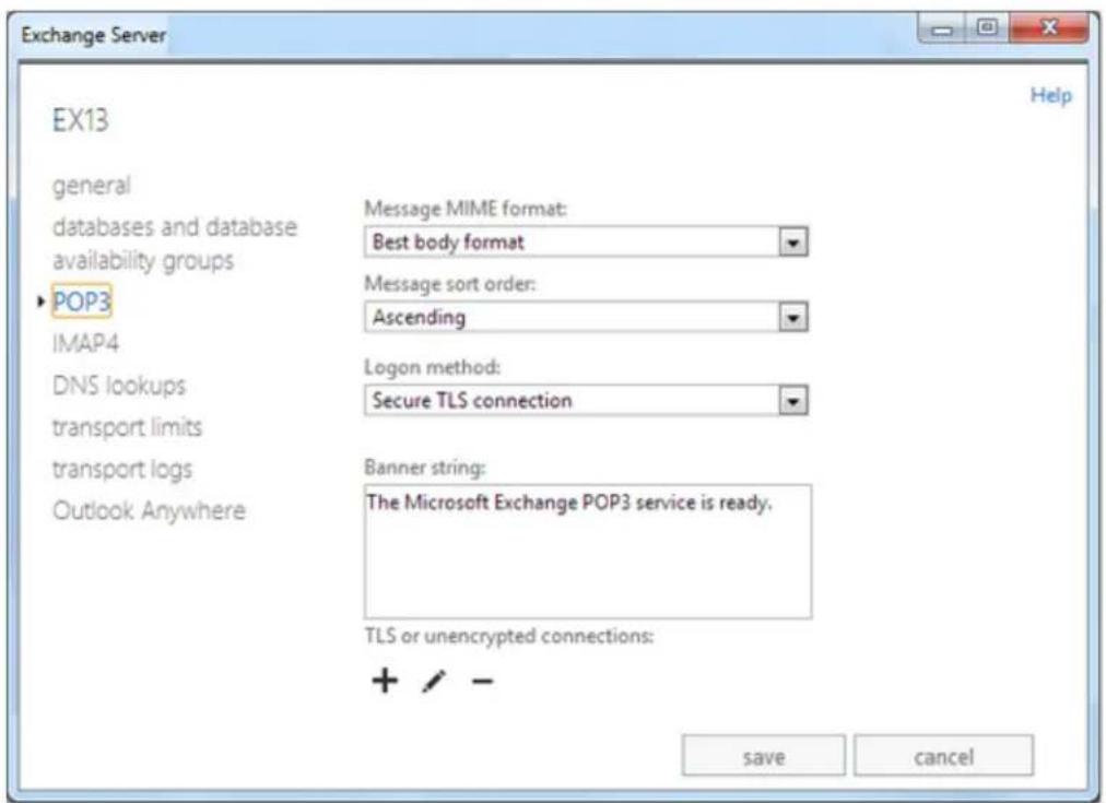 Exchange Server EX13 general databases and database availability groups POP3 IMAP4 DNS lookups transport limits transport logs Outlook Anywhere Message MIME format: Best body format Message sort order: Ascending Logon method: Secure TLS connection Banner string: The Microsoft Exchange POP3 service is ready. TLS or unencrypted connections: + / - Save cancel Help