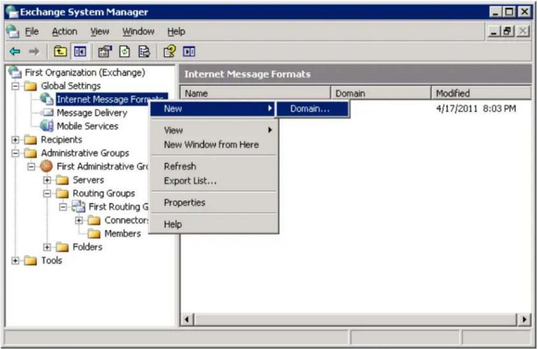 Exchange System Manager File Action View Window Help First Organization (Exchange) Global Settings Internet Message Formats Message Delivery Mobile Services Recipients Administrative Groups First Administrative Group Servers Routing Groups First Routing G Connector: Members Folders Tools Internet Message Formats Name Domain Modified New Domain... View New Window from Here Refresh Export List... Properties Help 4/17/2011 8:03 PM