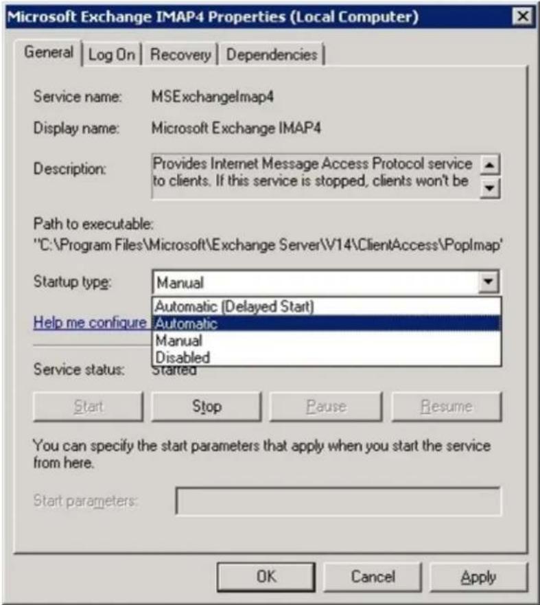 Microsoft Exchange IMAP4 Properties (Local Computer) General | Log On | Recovery | Dependencies | Service name: MSExchangelmap4 Display name: Microsoft Exchange IMAP4 Description: Provides Internet Message Access Protocol service to clients. If this service is stopped, clients won't be Path to executable: "C:\Program Files\Microsoft\Exchange Server\V14 ClientAccess\Poplmap" Startup type: Manual Help me configure: Automatic (Delayed Start) Automatic Manual Disabled Service status: Started Start Stop Pause Resume You can specify the start parameters that apply when you start the service from here. Start parameters: OK Cancel Apply