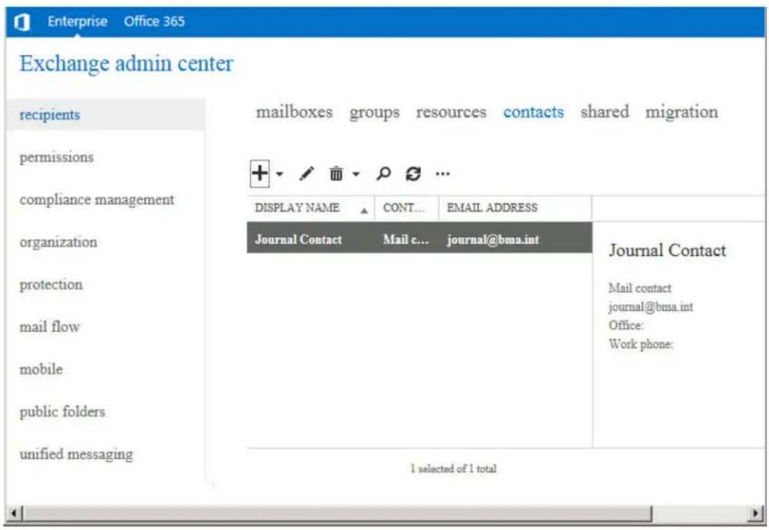 Exchange admin center recipients permissions compliance management organization protection mail flow mobile public folders unified messaging mailboxes groups resources contacts shared migration DISPLAY NAME CONT... EMAIL ADDRESS Journal Contact Mail c... journal@bma.int Journal Contact Mail contact journal@bma.int Office: Work phone: 1 selected of 1 total