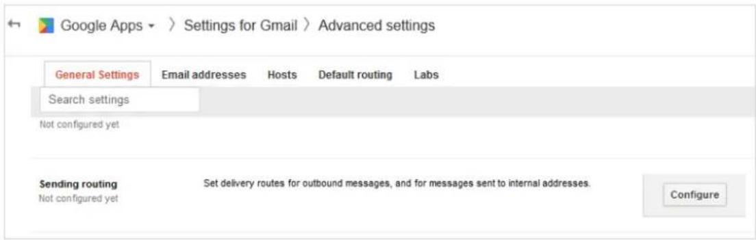 Google Apps > Settings for Gmail > Advanced settings General Settings Email addresses Hosts Default routing Labs Search settings Not configured yet Sending routing Set delivery routes for outbound messages, and for messages sent to internal addresses. Not configured yet Configure