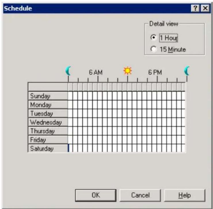 Schedule Detail view ● 1 Hour ○ 15 Minute 6 AM 6 PM Sunday Monday Tuesday Wednesday Thursday Friday Saturday OK Cancel Help