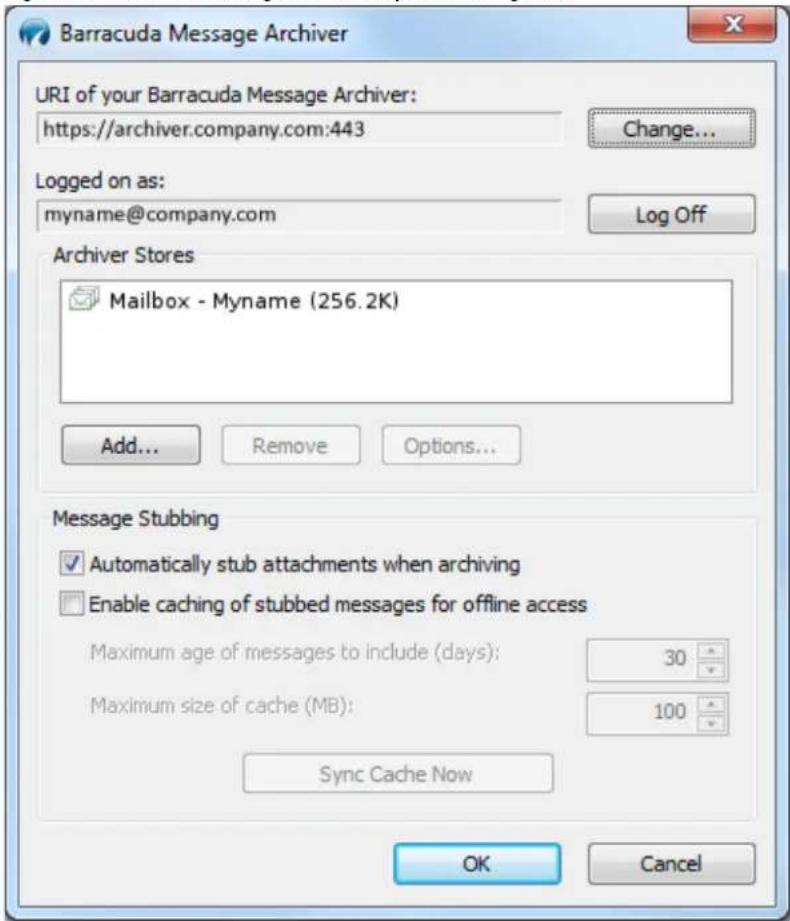 Barracuda Message Archiver URI of your Barracuda Message Archiver: https://archiver.company.com:443 Change... Logged on as: myname@company.com Log Off Archiver Stores Mailbox - Mname (256.2K) Add... Remove Options... Message Stubbing ✓ Automatically stub attachments when archiving ☐ Enable caching of stubbed messages for offline access Maximum age of messages to include (days): 30 Maximum size of cache (MB): 100 Sync Cache Now OK Cancel