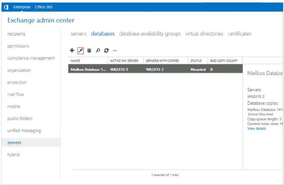 Enterprise Office 365 Exchange admin center recipients servers databases database availability groups virtual directories certificates permissions compliance management organization protection mail flow mobile public folders unified messaging servers hybrid NAME ACTIVE ON SERVER SERVERS WITH COPIES STATUS BAD COPY COUNT Mailbox Database 1... WILEX13-2 WILEX13-2 Mounted 0 Mailbox Database Servers: WILEX13-2 Database copies: Mailbox Database 141- Active Mounted Copy queue length: 0 Content index state: H View details 1 selected of 1 total