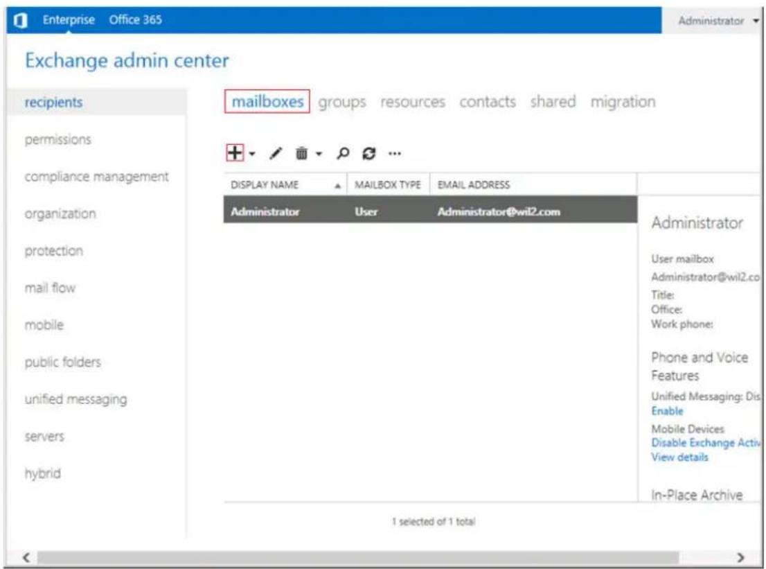 Exchange admin center recipients permissions compliance management organization protection mail flow mobile public folders unified messaging servers hybrid mailboxes groups resources contacts shared migration DISPLAY NAME MAILBOX TYPE EMAIL ADDRESS Administrator User Administrator@wil2.com Administrator User mailbox Administrator@wil2.co Title: Office: Work phone: Phone and Voice Features Unified Messaging: Dis Enable Mobile Devices Disable Exchange Activ View details In-Place Archive 1 selected of 1 total