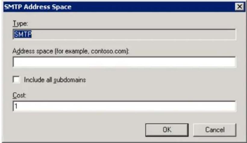 SMTP Address Space Type: SMTP Address space (for example, contoso.com): Include all subdomains Cost: 1 OK Cancel