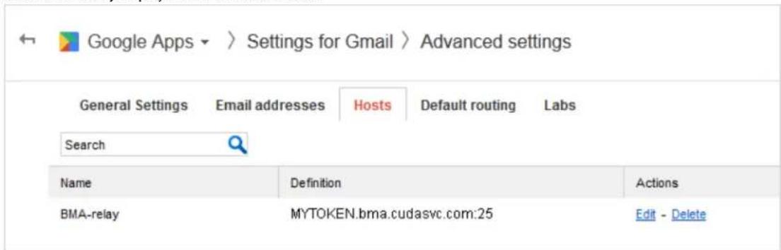 Google Apps > Settings for Gmail > Advanced settings General Settings Email addresses Hosts Default routing Labs Search Name Definition Actions BMA-relay MYTOKEN.bma.cudasvc.com:25 Edit - Delete