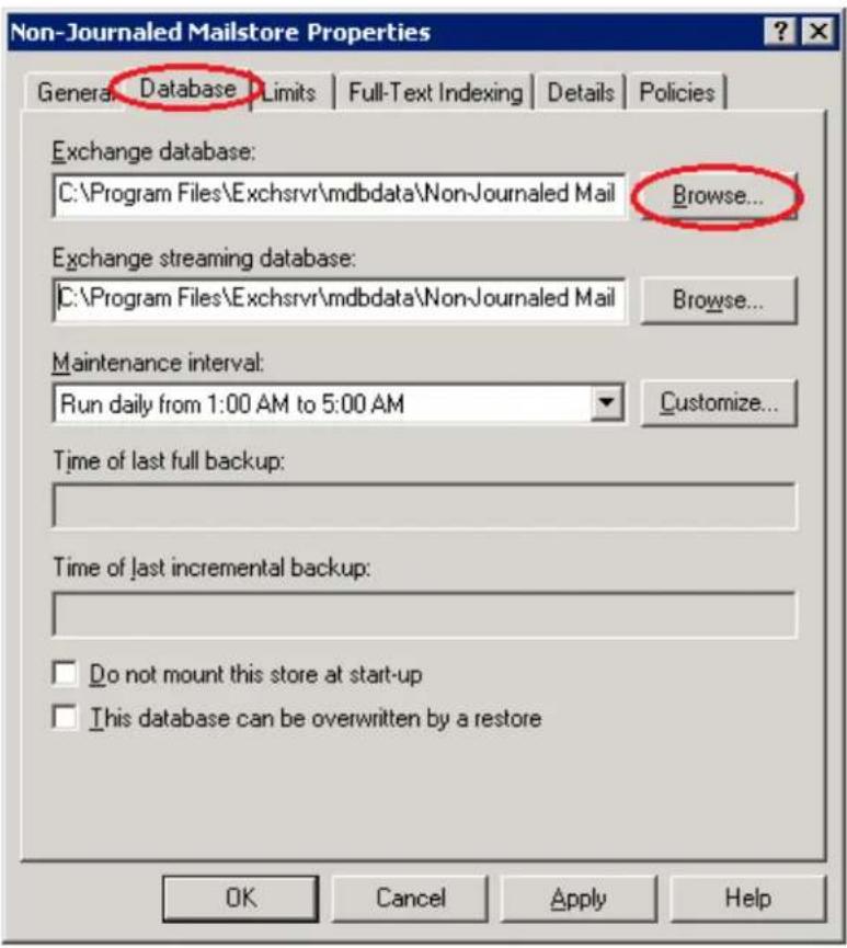 Non-Journal Data Importing Properties General Database Limits Full-Text Indexing Details Policies Exchange database: C:\Program Files\Exchsrvr\mdbdata\Non-Journal Data\Non-Journal Data\Non-Journal Data\Non-Journal Data\Non-Journal Data\Non-Journal Data\Non-Journal Data\Non-Journal Data\Non-Journal Data\Non-Journal Data\Non-Journal Data\Non-Journal Data\Non-Journal Data\Non-Journal Data\Non-Journal Data\Non-Journal Data\Non-Journal Data\Non-Journal Data\Non-Journal Data\Non-Journal Data\Non-Journal Databases Browse... Exchange streaming database: C:\Program Files\Exchsrvr\mdbdata\Non-Journal Data\Non-Journal Data\Non-Journal Data\Non-Journal Data\Non-Journal Data\Non-Journal Data\Non-Journal Data\Non-Journal Data\Non-Journal Data\Non-Journal Data\Non-Journal Data\Non-Journal Data\Non-Journal Data\Non-Journal Data\Non-Journal Data\Non-Journal Data\Non-Journal Data Browse... Maintenance interval: Run daily from 1:00 AM to 5:00 AM Customize... Time of last full backup: Time of last incremental backup: Do not mount this store at start-up This database can be overwritten by a restore OK Cancel Apply Help
