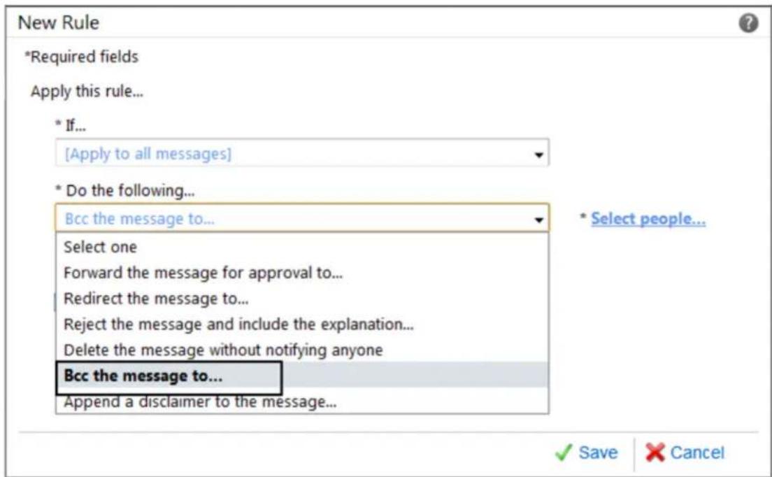 New Rule *Required fields Apply this rule... * If... [Apply to all messages] * Do the following... Bcc the message to... Select one Forward the message for approval to... Redirect the message to... Reject the message and include the explanation... Delete the message without notifying anyone Bcc the message to... Append a disclaimer to the message... * Select people... ✓ Save ✗ Cancel