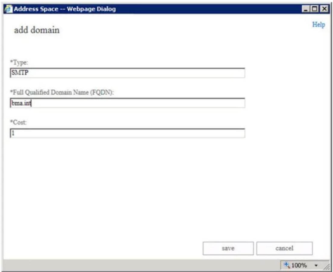 Address Space -- Webpage Dialog add domain *Type: SMTP *Full Qualified Domain Name (FQDN): bma.int *Cost: 1 save cancel 100%