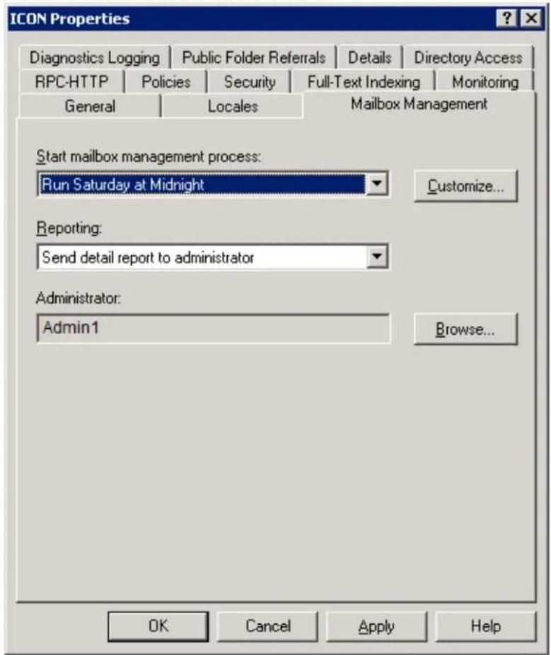 ICON Properties Diagnostics Logging | Public Folder Referrals | Details | Directory Access RPC-HTTP | Policies | Security | Full-Text Indexing | Monitoring General | Locales | Mailbox Management Start mailbox management process: Run Saturday at Midnight Customize... Reporting: Send detail report to administrator Administrator: Admin1 Browse... OK Cancel Apply Help