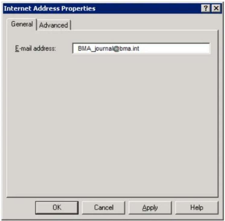 Internet Address Properties General | Advanced | E-mail address: BMA_journal@bma.int OK Cancel Apply Help