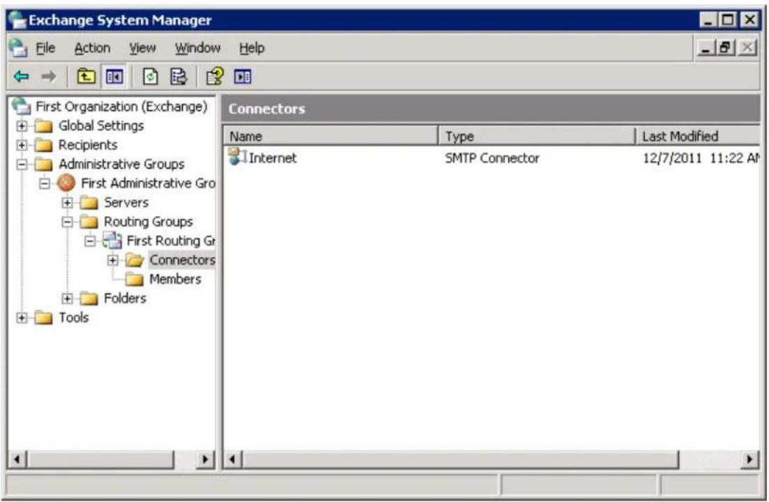 Exchange System Manager File Action View Window Help First Organization (Exchange) Global Settings Recipients Administrative Groups First Administrative Gro Servers Routing Groups First Routing Gr Connectors Members Folders Tools Connectors Name Type Last Modified Internet SMTP Connector 12/7/2011 11:22 AM