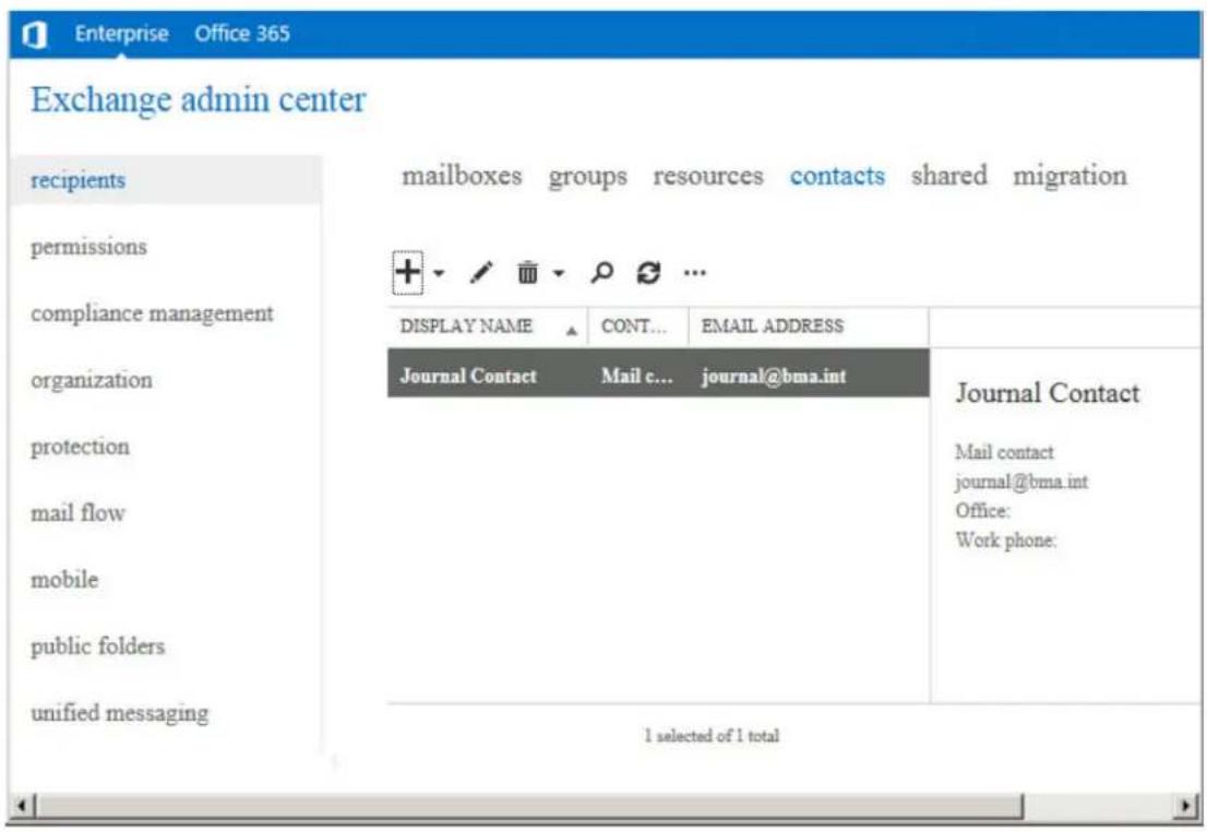 Exchange admin center recipients permissions compliance management organization protection mail flow mobile public folders unified messaging mailboxes groups resources contacts shared migration DISPLAY NAME CONT... EMAIL ADDRESS Journal Contact Mail c... journal@bma.int Journal Contact Mail contact journal@bma.int Office: Work phone: 1 selected of 1 total