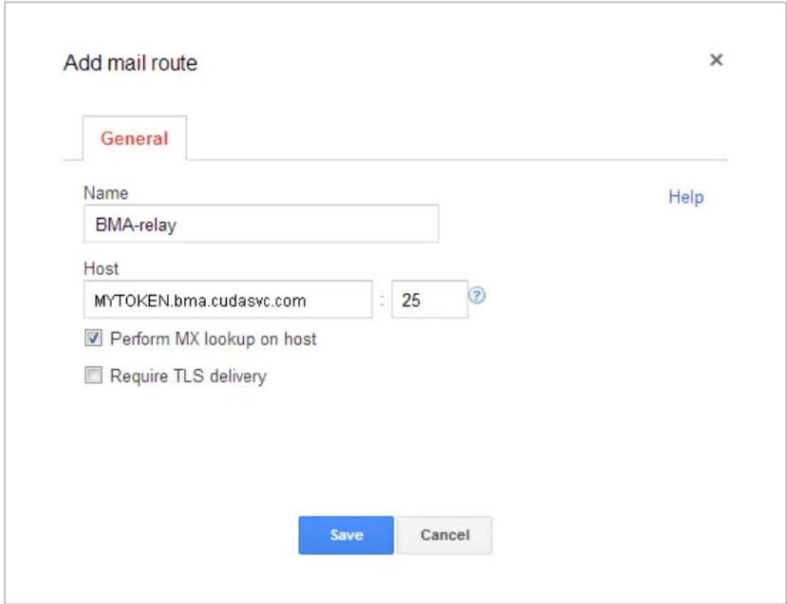 Add mail route General Name BMA-relay Host MYTOKEN.bma.cudasvc.com : 25 ? Perform MX lookup on host Require TLS delivery Save Cancel