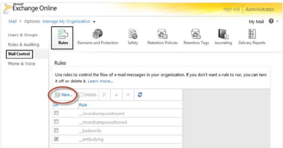 Exchange Online sign out | Administrator Mail > Options: Manage My Organization My Mail ? Users & Groups Roles & Auditing Mail Control Phone & Voice Rules Domains and Protection Safety Retention Policies Retention Tags Journaling Delivery Reports Rules Use rules to control the flow of e-mail messages in your organization. If you don't want a rule to run, you can turn it off or delete it. Learn more... New... Details On Rule _dosedcampusinbound _dosedcampusoutbound _badwords _antibullying