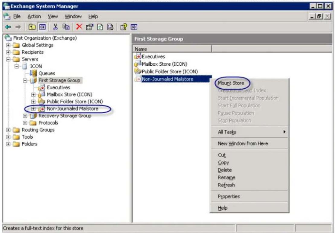Exchange System Manager File Action View Window Help First Organization (Exchange) Global Settings Recipients Servers ICON Queues First Storage Group Executives Mailbox Store (ICON) Public Folder Store (ICON) Non-Journalled Mailstore Recovery Storage Group Protocols Routing Groups Tools Folders First Storage Group Name Executives Mailbox Store (ICON) Public Folder Store (ICON) Non-Journalled Mailstore Mount Store Create Full-Text Index Start Incremental Population Start Full Population Pause Population Stop Population All Tasks New Window from Here Cut Copy Delete Rename Refresh Properties Help Creates a full-text index for this store