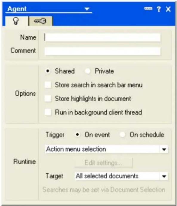 Agent Name Comment Options Shared Private Store search in search bar menu Store highlights in document Run in background client thread Runtime Trigger On event On schedule Action menu selection Edit settings... Target All selected documents Searches may be set via Document Selection
