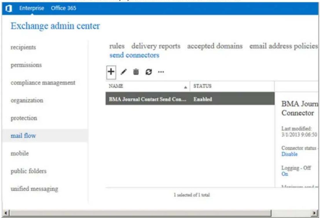 Exchange admin center recipients permissions compliance management organization protection mail flow mobile public folders unified messaging rules delivery reports accepted domains email address policies send connectors NAME STATUS BMA Journal Contact Send Con... Enabled BMA Journ Connector Last modified: 3/1/2013 9:06:50 Connector status - Disable Logging - Off On Maximum send p 1 selected of 1 total
