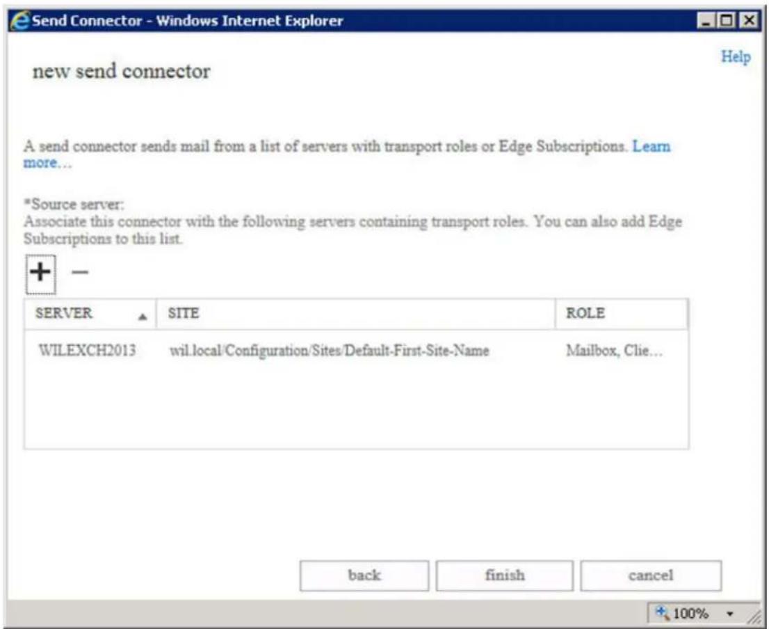 Send Connector - Windows Internet Explorer new send connector A send connector sends mail from a list of servers with transport roles or Edge Subscriptions. Learn more... *Source server: Associate this connector with the following servers containing transport roles. You can also add Edge Subscriptions to this list. + - SERVER SITE ROLE WILEXCH2013 wil.local/Configuration/Sites/Default-First-Site-Name Mailbox, Clie... back finish cancel 100%