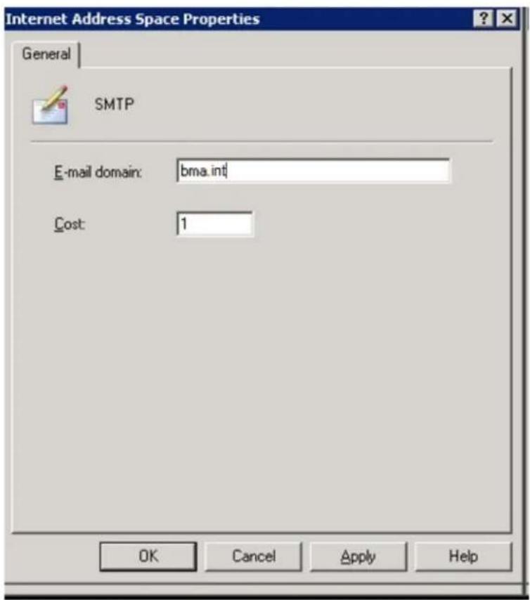 Internet Address Space Properties General SMTP E-mail domain: bma.int Cost: 1 OK Cancel Apply Help