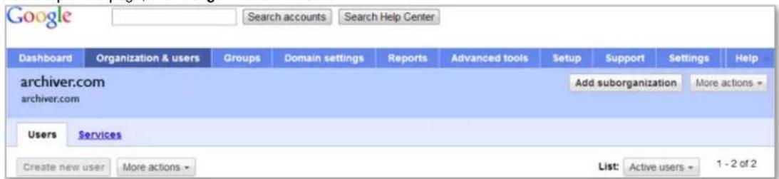 Google Search accounts Search Help Center Dashboard Organization & users Groups Domain settings Reports Advanced tools Setup Support Settings Help archiver.com archiver.com Add suborganization More actions - Users Services Create new user More actions List: Active users 1 - 2 of 2