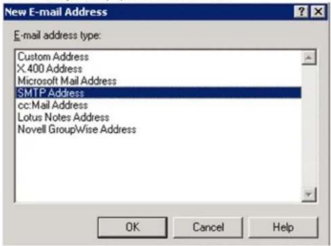 New E-mail Address E-mail address type: Custom Address X.400 Address Microsoft Mail Address SMTP Address cc:Mail Address Lotus Notes Address Novell GroupWise Address OK Cancel Help