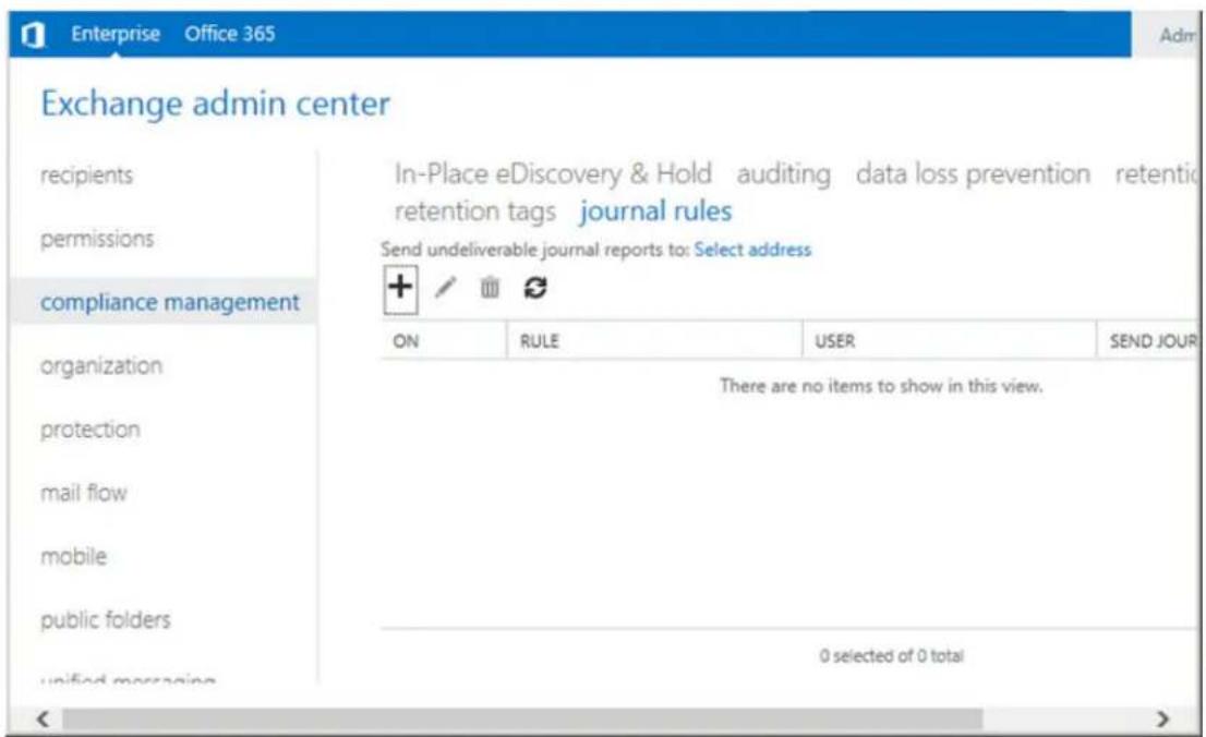 Enterprise Office 365 Exchange admin center recipients permissions compliance management organization protection mail flow mobile public folders unified messaging In-Place eDiscovery & Hold auditing data loss prevention retentio retention tags journal rules Send undeliverable journal reports to: Select address ON RULE USER SEND JOUR There are no items to show in this view. 0 selected of 0 total