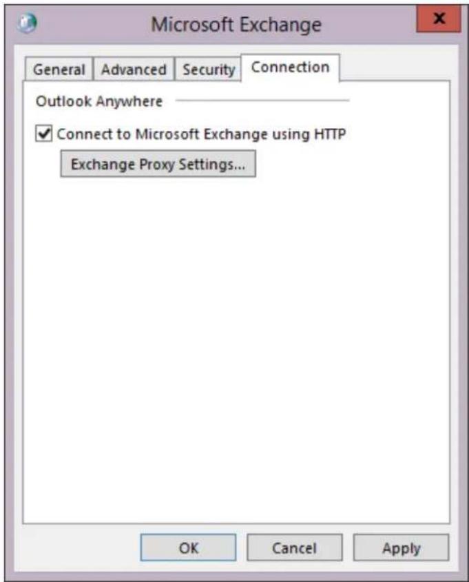 Microsoft Exchange General Advanced Security Connection Outlook Anywhere Connect to Microsoft Exchange using HTTP Exchange Proxy Settings... OK Cancel Apply