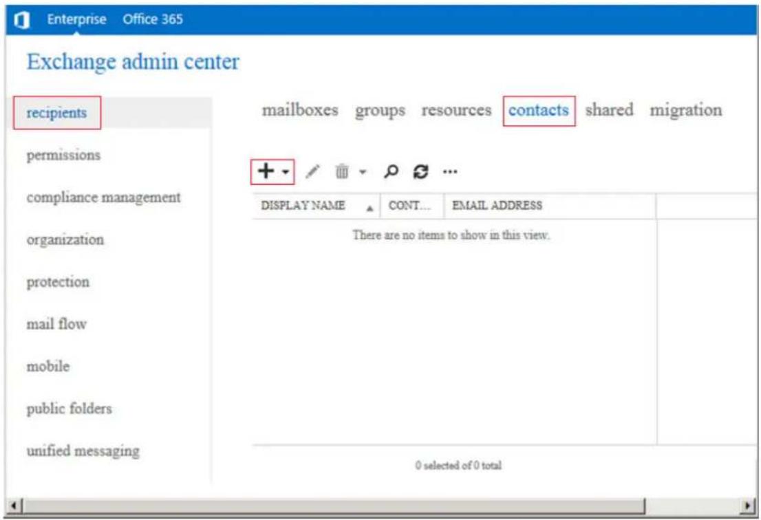 Exchange admin center recipients mailboxes groups resources contacts shared migration permissions compliance management DISPLAY NAME CONT... EMAIL ADDRESS There are no items to show in this view. 0 selected of 0 total