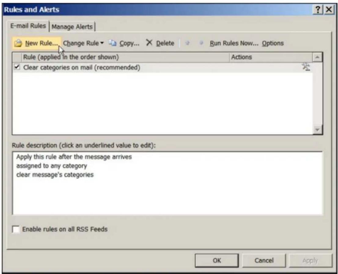 Rules and Alerts E-mail Rules | Manage Alerts | New Rule... Change Rule▼ Copy... Delete Run Rules Now... Options Rule (applied in the order shown) Actions Clear categories on mail (recommended) Rule description (click an underlined value to edit): Apply this rule after the message arrives assigned to any category clear message's categories Enable rules on all RSS Feeds OK Cancel Apply