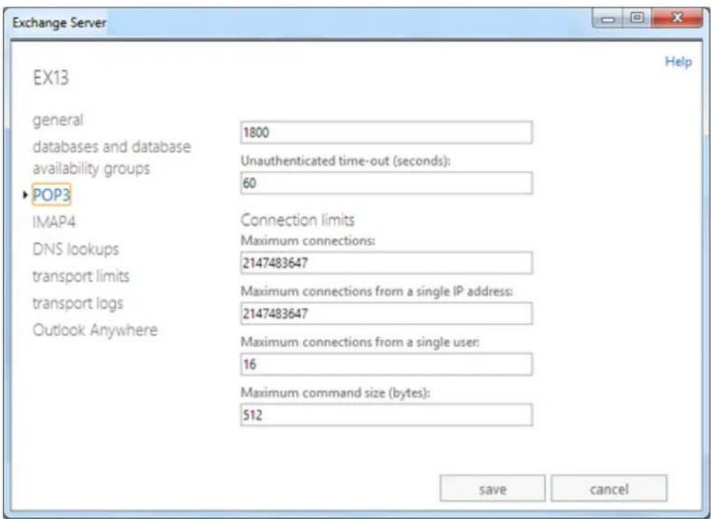 Exchange Server EX13 general databases and database availability groups POP3 IMAP4 DNS lookups transport limits transport logs Outlook Anywhere 1800 Unauthenticated time-out (seconds): 60 Connection limits Maximum connections: 2147483647 Maximum connections from a single IP address: 2147483647 Maximum connections from a single user: 16 Maximum command size (bytes): 512 Save cancel Help