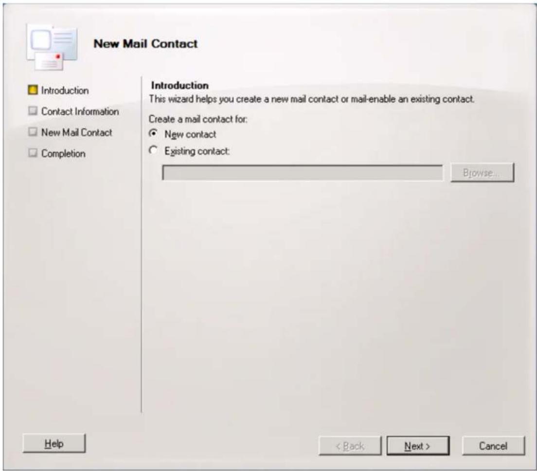 New Mail Contact Introduction This wizard helps you create a new mail contact or mail-enable an existing contact. Create a mail contact for: New contact Existing contact: Browse... Help < Back Next > Cancel