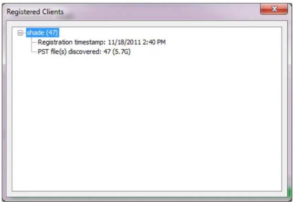 Registered Clients shade (47) ---- Registration timestamp: 11/18/2011 2:40 PM ---- PST file(s) discovered: 47 (5.7G)