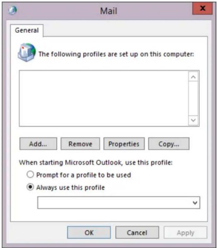 Mail General The following profiles are set up on this computer: Add... Remove Properties Copy... When starting Microsoft Outlook, use this profile: ○ Prompt for a profile to be used ● Always use this profile OK Cancel Apply