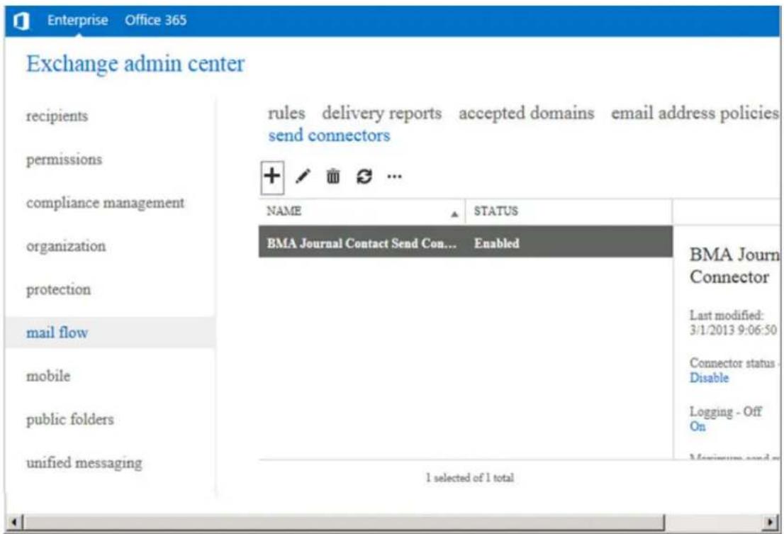 Exchange admin center recipients permissions compliance management organization protection mail flow mobile public folders unified messaging rules delivery reports accepted domains email address policies send connectors NAME STATUS BMA Journal Contact Send Con... Enabled BMA Journ Connector Last modified: 3/1/2013 9:06:50 Connector status - Disable Logging - Off On Minimum send p 1 selected of 1 total
