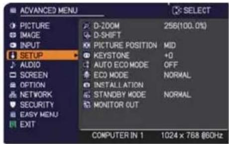 ADVANCED MENU PICTURE IMAGE INPUT SETUP AUDIO SCREEN OPTION NETWORK SECURITY EASY MENU EXIT D-200M 256(100.0%) D-SHIFT PICTURE POSITION MID KEYSTONE +0 AUTO ECO MODE OFF ECO MODE NORMAL INSTALLATION STANDBY MODE NORMAL MONITOR OUT COMPUTER IN 1 1024 x 768 @60Hz