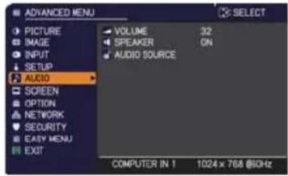 ADVANCED MENU PICTURE IMAGE INPUT SETUP AUDIO SCREEN OPTION NETWORK SECURITY EASY MENU EXIT VOLUME 32 SPEAKER ON AUDIO SOURCE COMPUTER IN 1 1024 x 768 @50Hz