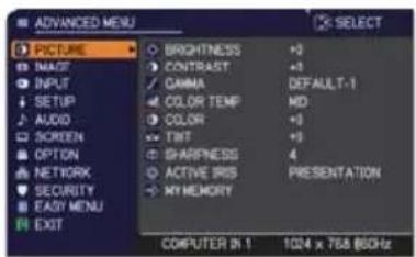 AD advanced MENU SELECT PICTURE MIME INPUT SETUP AUDIO SCREEN OPTION NETWORK SECURITY EASY MENU EXIT SIGHTNESS +3 CONTRAST +1 GARMA DEFAULT-1 COLOR TEMP MID COLOR +3 TBT +3 SHAFNESS 4 ACTIVE IRIS PRESENTATION MY MEMORY COMPUTER IN 1 1024 x 768 (GHz)