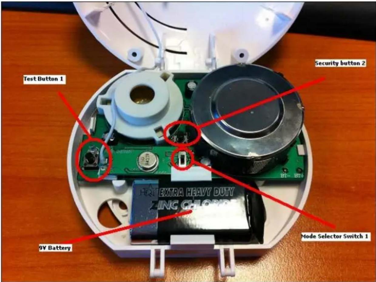 Test Button 1 Security button 2 9V Battery Mode Selector Switch 1