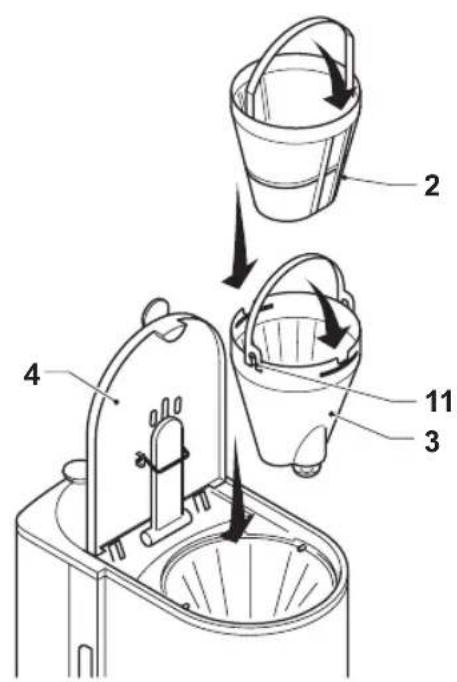 Diagram of a cleaning machine with labeled parts including bucket, bucket handle, and water basin