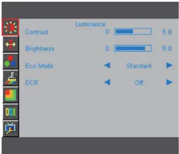 Luminance Contrast 0 5.0 Brightness 0 9.0 Eco Mode Standard DCR Off