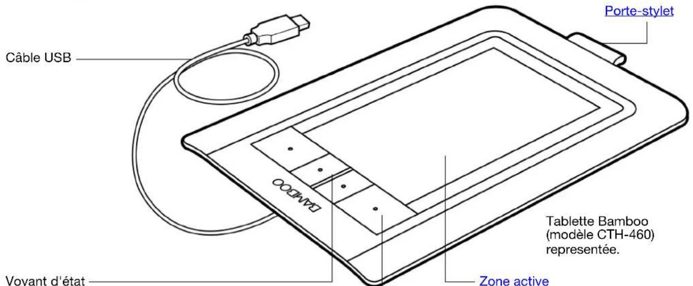 Câble USB Porte-stylet Voyant d'état Tablette Bamboo (modèle CTH-460) representée. Zone active