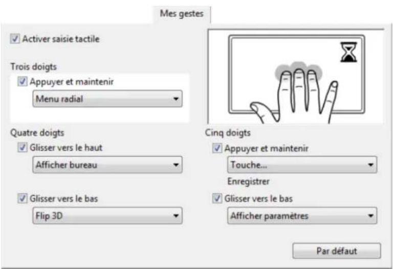 Mes gestes ✓ Activer saisie tactile Trois doigts ✓ Appuyer et maintenir Menu radial Quatre doigts ✓ Glisser vers le haut Afficher bureau ✓ Glisser vers le bas Flip 3D Cinq doigts ✓ Appuyer et maintenir Touche... Enregistrer ✓ Glisser vers le bas Afficher paramètres Par défaut