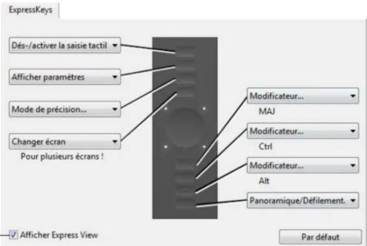 ExpressKeys Dés-/activer la saisie tactil Afficher paramètres Mode de précision... Changer écran Pour plusieurs écrans ! Modificateur... MAJ Modificateur... Ctrl Modificateur... Alt Panoramique/Défillement. Par défaut Afficher Express View